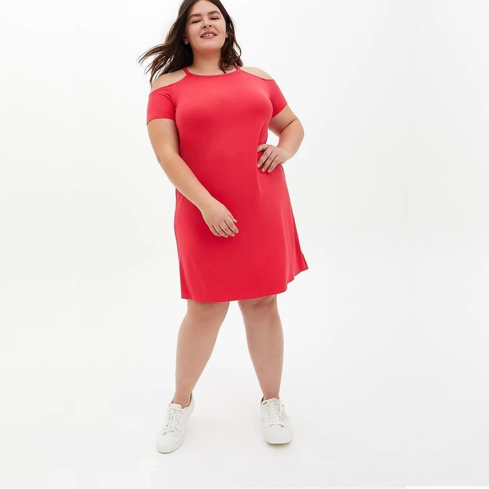 2/$30 Torrid Super Soft Bright Berry Cold Shoulder T-Shirt Mini Dress 1X #5455 - Picture 3 of 13